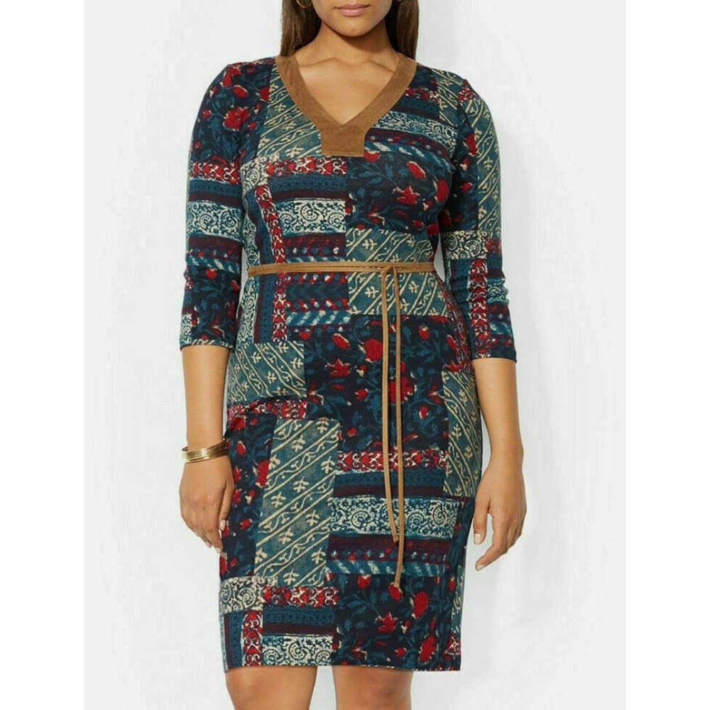 Lauren Ralph Lauren Dress Womens 2X Patchwork Print Faux Suede Trim Western Boho